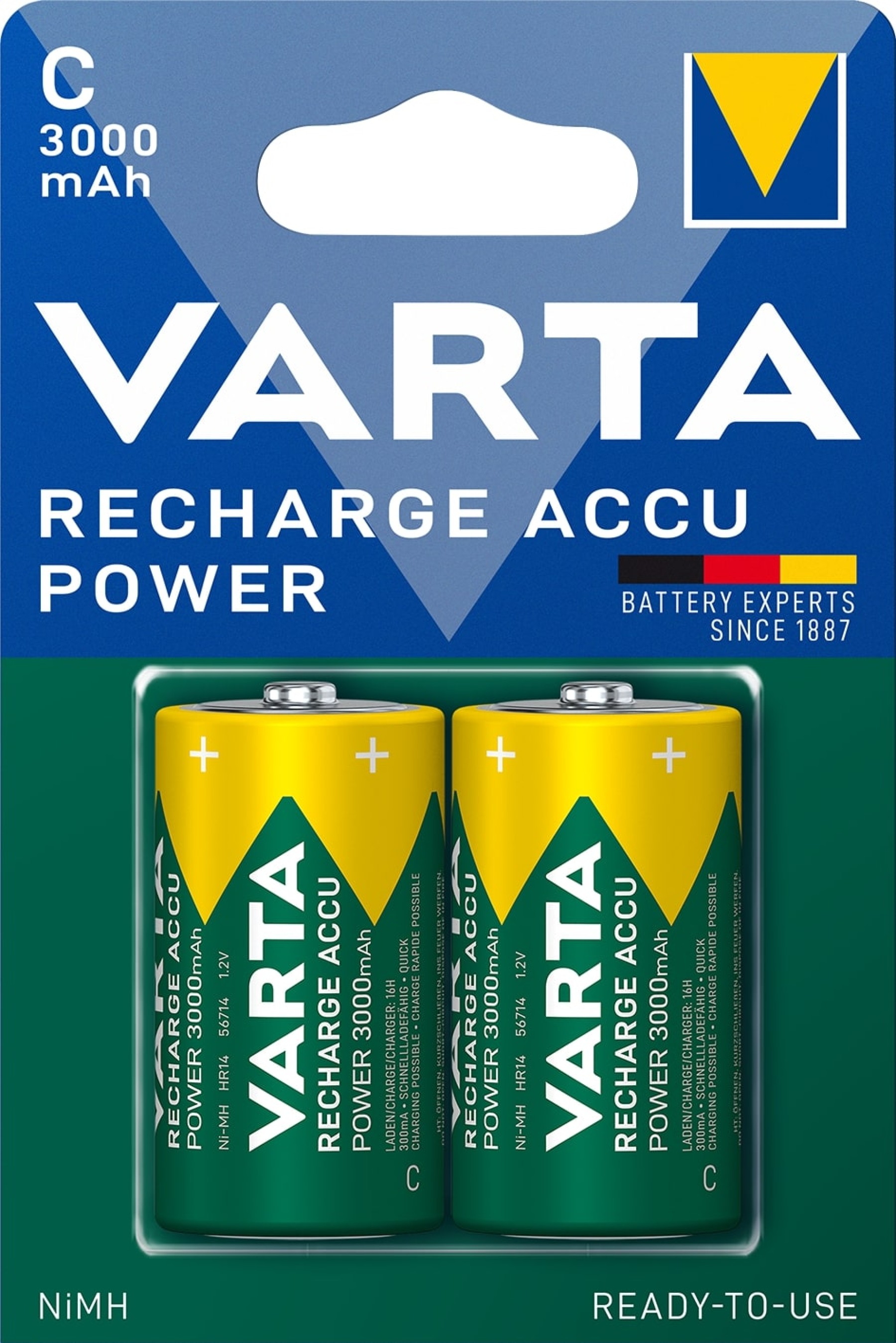 VARTA Rechargeable C Batteries 3000mAh Pack of 2 